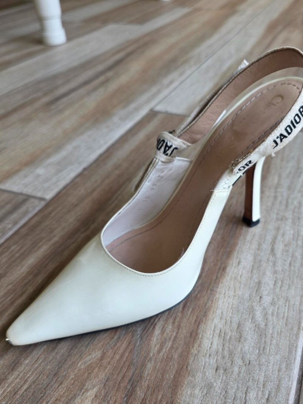 Dior J'Adior Sling Back White Patent Leather Ribbon Shoe Eur. 39